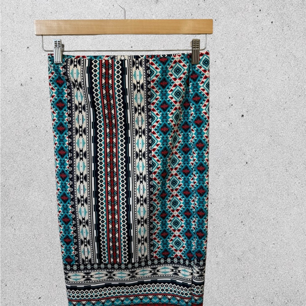 Ambiance Geometric Patterned Pencil Skirt - Teal, Red, Black